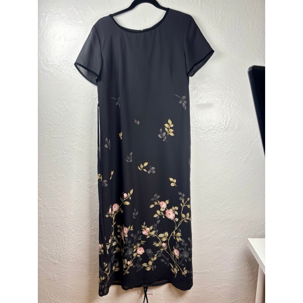 Emma James Black Floral Maxi Dress Velvet Trim Sz 10 Wedding Guest Cottagecore